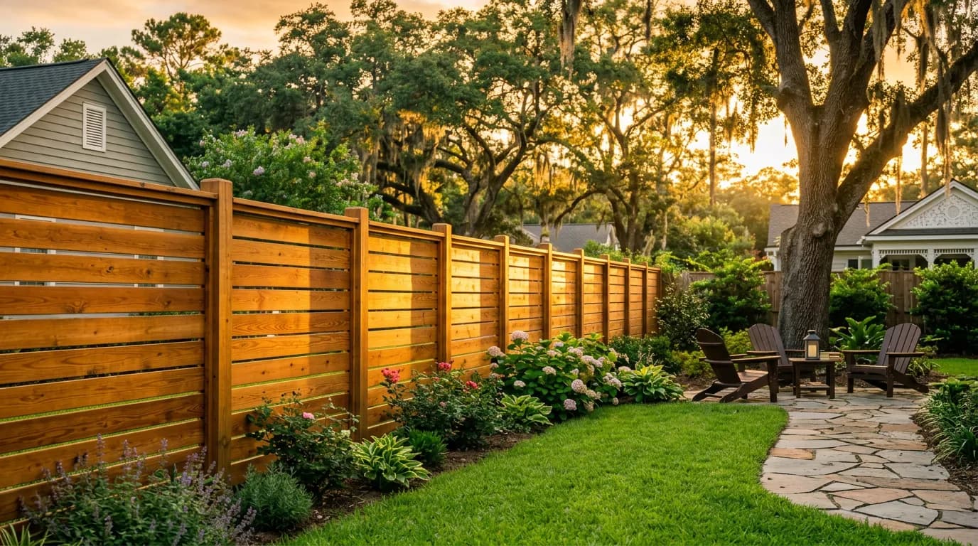 Sunlit wooden fence and patio gate in a residential backyard by Stateside Fence and Deck